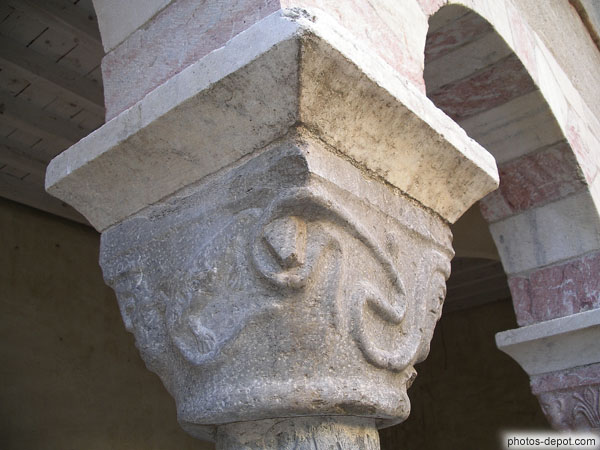 photo de serpents et lézards, chapiteaux de colonne du Cloître
