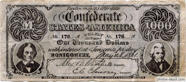 photo de billet de mille dollars émis par les confédérés, avec intérêt de 10 cts par jour