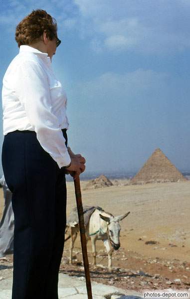 photo de femme à la canne, âne et pyramides