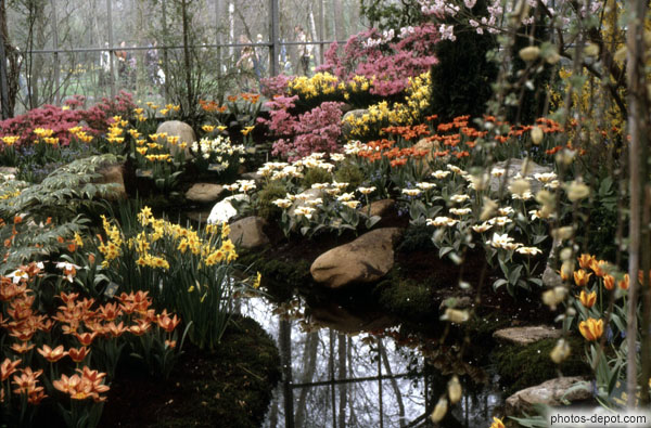 photo de petit cours d'eau dans jardin fleuri