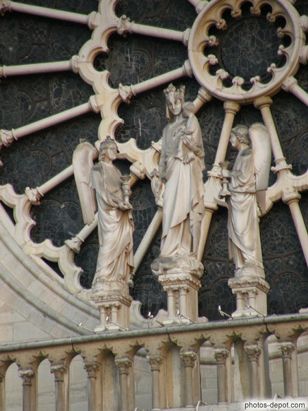 photo de Vierge à l'enfant servie par 2 anges devant la rosace de la Cathédrale Notre Dame