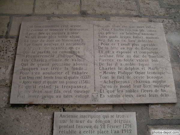 photo d'Ancienne inscription qui se trouvait sur le mur du donjon détruite pendant l'émeute de 1791