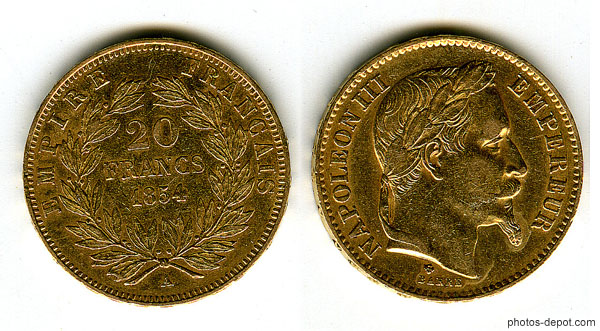 photo de 20 francs or Empire français Napoléon III 1854