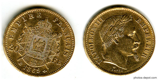 photo de 20 francs or Empire français Napoléon III 1869