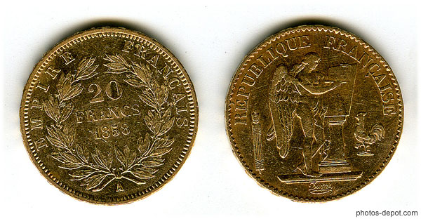 photo de 20 francs or Empire français République Française 1858