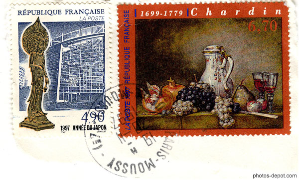 photo de timbre 6,70 frs Chardin 1699-1779, 4,90 frs 1997 Année du Japon