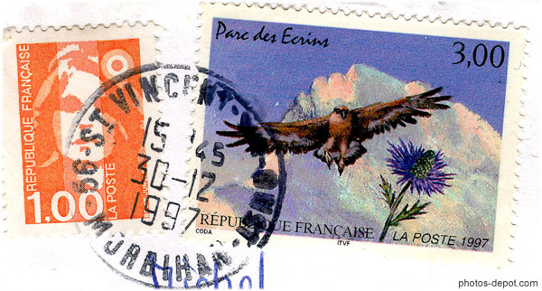 photo de timbre parc des Ecrins aigle chardon bleu 3,00 frs