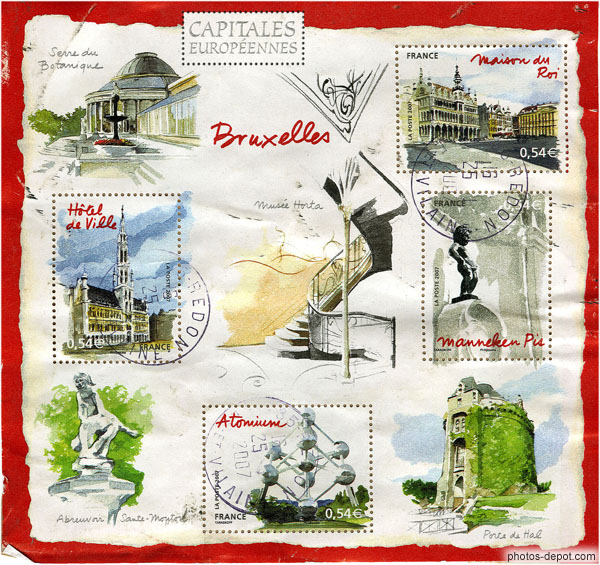 photo de timbres Bruxelles monuments Botanique Hotel de ville Maison du roi Manneken Pis Musée Horta Abreuvoir Atomium Porte de Hal
