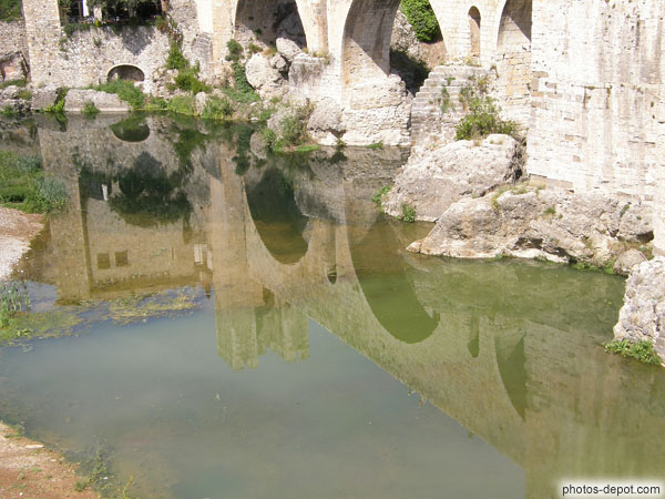 photo de reflets du pont fortifié dans le Riu Fluvia