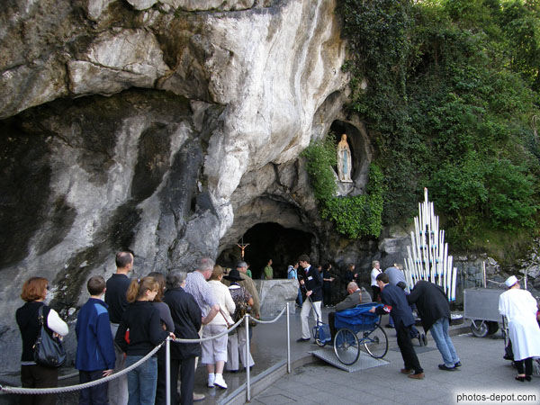 photo de grotte de Massabielle, renfoncement dans une paroi rocheuse le long du Gave de Pau : lieu des apparitions mariales à Bernadette Soubirous en 1858