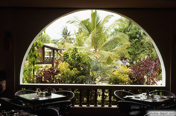photo de tables de restaurant face au jardin luxuriant aux singes