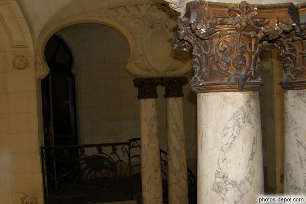 photo de chapiteaux de colonnes couleur vieux cuivreet motifs floraux, immeuble art nouveau Lavirotte