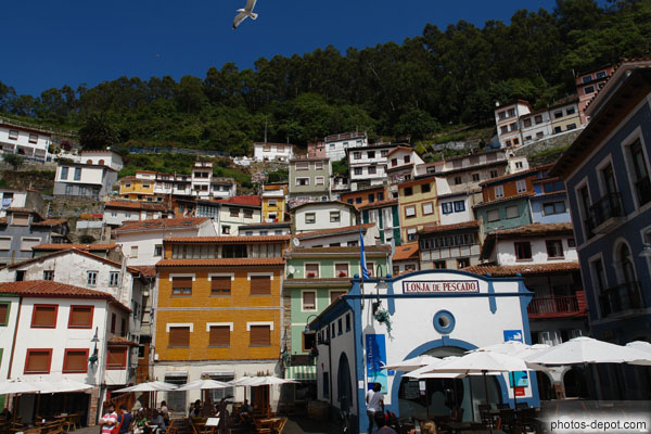 photo de maisons étagées multicolores à flanc de falaise au fond d'une crique formant le village