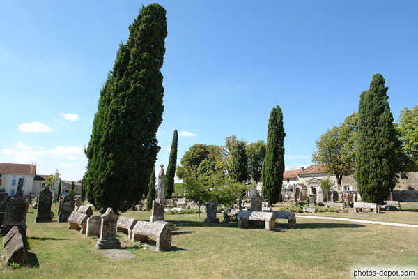 photo de tombes et cyprès du cimetière entourant l'église