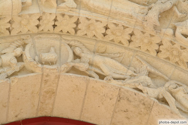 photo d'Agneau dans une mandorle portée par des anges sur troisième voussure du portail central