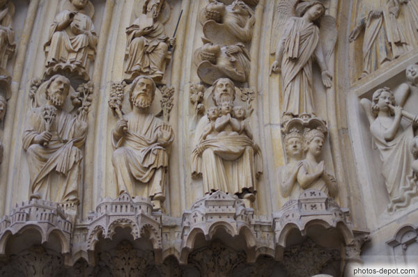 photo de patriarches dont Abraham tenant des âmes dans un repli de son manteau sur claveaux inférieurs des voussures du portail du Jugement