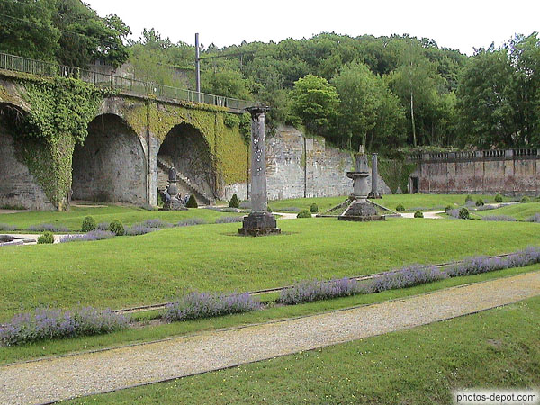 photo de jardin traversé par le pont du chemin de fer
