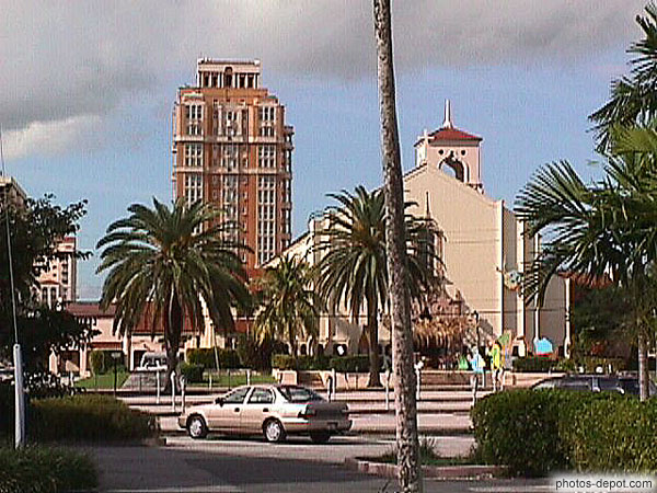 photo de palmiers, église et building