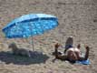Homme et son chien sur la plage : c'est le chien qui profite du parasol ! / France, Languedoc Roussillon, le Barcares